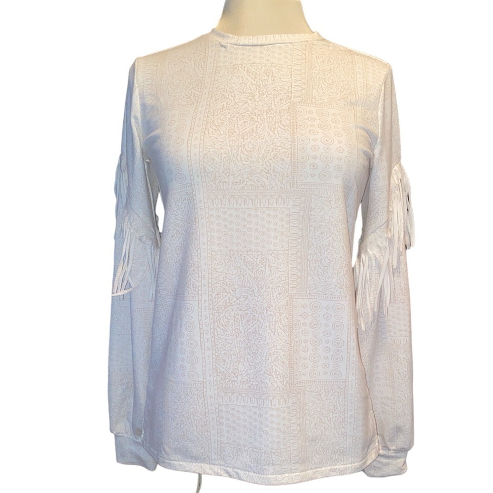 Cruel Denim blouse long sleeve w/fringe crewneck printed w/circles leaves Sz XS
